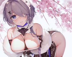 1girls arknights bare_shoulders bent_over big_breasts blush breasts breasts_almost_out chest cleavage clothed cute cyanide-whale dress embarrassed eyepatch female female_only gloves hair_over_one_eye hairclip highres leaning_forward light-skinned_female lilac_hair looking_at_viewer maid_headdress purple_eyes purple_hair short_hair solo uniform whisperain_(arknights)