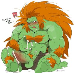 after_orgasm balls bara big_penis blanka blush boner capcom cum erection gay green_skin hairy hyaku_(artist) male male_only muscles muscular open_fly orange_hair penis sitting solo solo_male spread_legs street_fighter sweaty