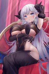 1girls albion_(azur_lane) albion_(silvermoon_faerie_princess)_(azur_lane) armpits azur_lane big_breasts blue_eyes blush elf_ears fully_clothed hips horns light-skinned_female light_skin royal_navy_(azur_lane) succubus succubus_costume underboob white_hair yuuki_shuri