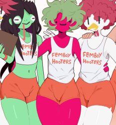 chicken cotcotcot femboy frog hooters_(parody) hooters_uniform maviboise raspberry wolf76fr