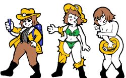 ana_spelunky breasts clothing covering female footwear foursnail headwear human pale_skin spelunky spelunky_2 wardrobe_malfunction