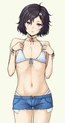 1boy bikini black_hair bulge crossdressing femboy hairclip head_tilt human looking_at_viewer male male_only no_visible_genitalia parted_lips pas_(paxiti) penis_bulge purple_eyes short_shorts simple_background smooth_skinned_male solo steins;gate toony urushibara_ruka