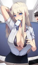 1girls background_character big_breasts blonde_hair blue_eyes ddangbi female_focus id_card office_lady original original_character pencil_skirt undressing