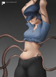 arms_above_head arms_up artist_name assisted_exposure belly belly_button black_pants blue_hair blue_hat blue_shirt blush blush breasts clothes_lift cowboy_shot curvy curvy_body curvy_female curvy_figure damsel_in_distress dark_background distress distressed exposure eyes_covered female female female_only frown hat_over_eyes imminent_rape imminent_sex lifted_by_another lifted_by_tentacles light-skinned_female light_skin makedonsky04 medium_breasts midriff navel navel_fetish navel_insertion obscured_eyes pants partially_obscured_face patreon patreon_link persona persona_4 shin_megami_tensei shirogane_naoto shirt shirt_lift shirt_rolled_up short_hair short_sleeved_shirt short_sleeves solo solo_female solo_focus stomach tentacle tentacle tentacle_rape tentacles_around_arms tentacles_under_clothes thick thick_thighs tickling tomboy tummy wide_hips