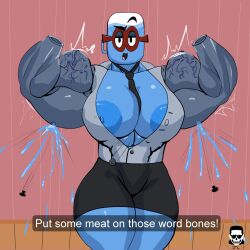 animate_inanimate anthro black_skirt black_tie blue_skin eyebrows_raised flexing hourglass_figure jackbox_games jimbolettuceman job_job large_biceps large_breasts large_hips large_nipples looking_at_viewer m._bubbles muscular nonbinary_(lore) popping_buttons quote red_glasses ripped_clothing ripping_clothing shiny_thighs spraying the_jackbox_party_pack_8 veins veiny_muscles water_cooler watermark