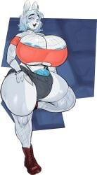 1boy anthro blue_hair breasts busty_boy clothed clothing flaccid gigantic_breasts huge_balls huge_cock male_only male_with_breasts mostly_clothed penis penis_cleavage slumthechum solo standing tagme thick_thighs tristan_(bluebunboi) wide_hips