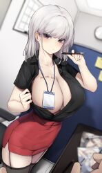 1girls annoyed areola_slip big_breasts brown_eyes ddangbi earrings garter_straps holding_pen id_card office_lady offscreen_character original original_character pencil_skirt phone_number white_hair