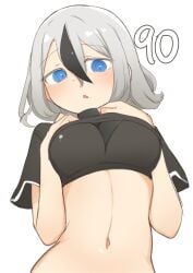 black_shirt blue_eyes breda daebom hands_on_breasts looking_down staring_at_viewer underboob war_thunder white_hair