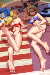 2girls ass beach bikini blonde_hair bow breasts bubble_butt butt drink eyewear_on_head female female_only lotion lying_on_stomach lying_on_towel lyoung0j multiple_girls shantae showing_ass smiling sunglasses sunglasses_on_head sunscreen swimsuit thong_bikini towel twintails twitch_(shantae) vinegar_(shantae)