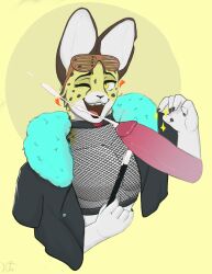 absurd_res anthro bodily_fluids clothing crop_top cum felid feline fishnet genital_fluids genitals heart hi_res humanoid_genitalia humanoid_penis kuttzawarie male male_only mammal party_glasses penis serval shirt solo sparkles topwear yellow_eyes