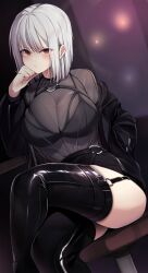 bra_visible_through_clothes ddangbi garter_straps original original_character red_eyes solo_female white_hair