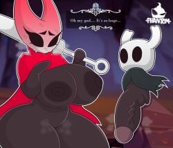 big_breasts big_penis blush clothing dark_skin diference_size female hollow_knight hornet_(hollow_knight) male outerwear phantomsempai protagonist_(hollow_knight) size_difference small_but_hung smaller_male tagme