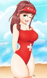 bboiarts breasts brown_hair cleavage doki_doki_literature_club green_eyes life_guard lifeguard lifeguard_swimsuit long_hair monika_(doki_doki_literature_club) one_eye_closed thick_thighs thighs