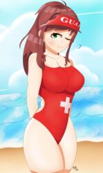 :3 bboiarts breasts brown_hair cleavage doki_doki_literature_club green_eyes life_guard lifeguard lifeguard_swimsuit long_hair monika_(doki_doki_literature_club) one_eye_closed thick_thighs thighs