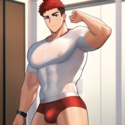 ai_generated anime_style buffed bulge bulge_through_clothing dick male_only nai_diffusion original red_underwear stable_diffusion strong white_shirt