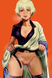 bottomless breath canon_genderswap cleavage female female_only genderswap_(mtf) ginko_sakata gintama gintoki_sakata hadanugi_dousa hairless_pussy jiru_(pixiv) kimono kimono_lift medium_breasts no_panties off_shoulder orange_background popped_collar pussy red_eyes rule_63 shaved_pussy short_hair smile solo steam sweatdrop thighhighs tongue_out uncensored very_short_hair white_hair wide_hips