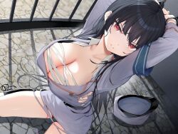 arms_up bandage black_hair bound_wrists breasts busty captured curvy curvy_body curvy_female female female_only handcuffs hi_res itohana large_breasts military military_hat military_jacket military_uniform original prison prison_cell prisoner red_eyes restrained torn_clothes