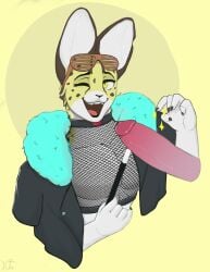 absurd_res anthro bodily_fluids clothing crop_top cum eyewear felid feline fishnet furcoat genital_fluids genitals glasses hi_res kuttzawarie male male_only mammal penis serval shirt solo sparkles topwear