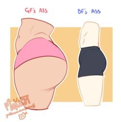 1boy 1girls ass ass_chart ass_comparison big_ass boxers comparing from_side huge_ass legs moxaji original short_shorts text thick_thighs