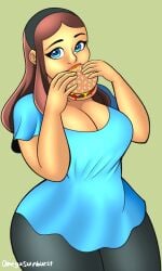 blue_eyes breasts brown_hair burger eating kenzie_(omegasunburst) omegasunburst