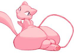 4_fingers ass balls big_butt blue_eyes feral fingers fur furry furry_only genitals humanoid_genitalia humanoid_penis legendary_pokemon long_tail looking_at_viewer looking_back male male_only mew nintendo penis pink_body pink_fur pink_penis pink_tail pokemon pokemon_(species) simple_background solo somnamg tail video_games white_background