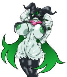 anthro cat_ears cat_humanoid fake_clothing fangs fur jester jim_sugomi large_breasts masked_female meowscarada pokemon pokemon_(species) pokemon_sv whip