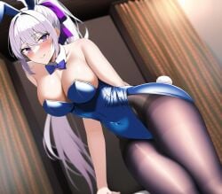 ai_generated alice_(tower_of_fantasy) bunnysuit embarrassed female nai_diffusion pantyhose ponytail purple_eyes purple_ribbon stable_diffusion swept_bangs tower_of_fantasy white_hair