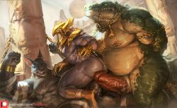 absurd_res angry anthro anubian_jackal armor artist_name ass avian azir balls biceps big_muscles bird blue_eyes bodily_fluids canid canine canis chained chains clenched_teeth crocodile crocodilian crocodylid detailed_background digital_media_(artwork) erection fist genitals group hi_res humanoid_genitalia humanoid_penis imminent_sex jackal league_of_legends lindong male mammal moobs musclegut muscular muscular_anthro muscular_male muscular_thighs nasus nipple_piercing nipples nude patreon patreon_logo patreon_username pecs penis piercing pupils renekton reptile restraints riot_games scalie sitting slit slit_pupils teeth trio vein veiny_muscles veiny_penis video_games