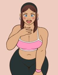 blue_eyes breasts brown_hair kenzie_(omegasunburst) omegasunburst shocked_expression sports_bra thick_thighs