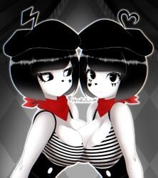 big_breasts black_and_white black_eyes black_hair bonbon_(derpixon) chuchu_(derpixon) mime mime_and_dash mime_girl pac-man_eyes s4mirukun short_hair white_skin