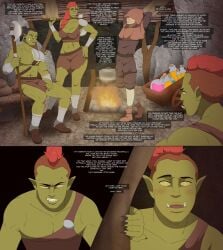 1girls 3boys blush bulge_through_clothing contingency english_text green-skinned_female green-skinned_male green_skin light-skinned_male light_skin netorare no_sex orc orc_female orc_male potion potions text