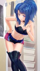 1girls alice_gear_aegis belt black_bra blue_hair boots bra breasts bureikubureido choker closet leaning_forward looking_at_viewer medium_breasts midriff navel ponytail purple_eyes race_queen short_shorts shorts strapless_bra takanashi_rei thighhigh_boots