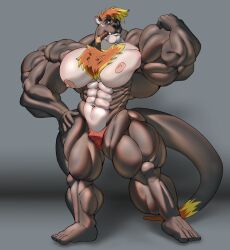 abs anthro blitzkriegotter bucccket chest_tuft cigar clothing flexing flexing_bicep genitals hi_res humanoid hyper lutrine male male/male mammal micropenis muscular muscular_anthro muscular_arms muscular_legs mustelid pecs penis small_penis solo thong tuft underwear