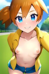 2020 2022 ai_generated anime asymmetrical_hair blue_bottomwear blue_eyes blush braless breasts clavicle clothes_pull clothing clouds curvaceous denim denim_shorts exposed_breasts exposed_stomach female female_only front_view grass happy high_resolution hips kasumi_(pokemon) large_filesize light_skin light_skinned_female looking_at_viewer manga nai_diffusion navel nipples no_bra open_clothes orange_hair pokemon pokemon_(anime) pokemon_(classic_anime) pokemon_(game) pokemon_rgby ponytail pool shirt shirt_lift shirt_pull short_hair shorts side_ponytail sky smile solo solo_female stable_diffusion teenager tied_hair trees very_high_resolution yellow_topwear zipper