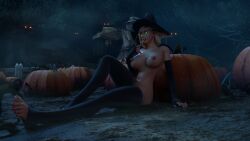 1girls ass barefoot blonde_hair blonde_hair blood_elf breasts curvy curvy_body curvy_female curvy_figure elf feet female female female_only green_eyes halloween hammyslewds legs looking_at_viewer nipples pose posing pumpkin solo stockings toes warcraft witch witch_hat world_of_warcraft wow