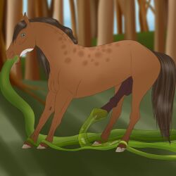 1:1 animal_genitalia animal_penis balls blue_eyes bodily_fluids brown_body brown_hair brown_mane brown_tail cum digital_media_(artwork) dolero ejaculation equid equine equine_penis erection feral feral_only flared_penis genital_fluids genitals hair hi_res hooves horse looking_back looking_down male male_only mammal mane open_mouth oral oral_penetration penetration penis plant restrained saliva saliva_string sex solo tentacle tentacle_in_mouth tentacle_penetration tentacle_sex theodrekr tree