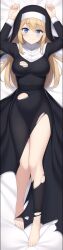 1girls ai_generated arms_above_head barefoot bed blonde_hair blue_eyes blush bunny_ears_(gesture) dakimakura dakimakura_design habit large_breasts light-skinned_female light_skin nai_diffusion nun stable_diffusion torn_clothes torn_pantyhose