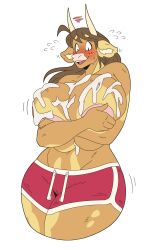 1girls anthro areola_slip blush bovine brown_hair covering_breasts cow_ears cow_horns cum cum_on_breasts embarrassed female female_only hi_res horns huge_breasts long_hair looking_away molly_(slightlysimian) shorts slightlysimian solo thick_thighs topless white_background wide_hips