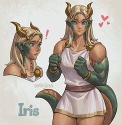 ! 1girls absurd_res aqua_eyes blonde_hair blush dragon_girl dragon_horns dragon_humanoid dragon_tail exclamation_mark female female_only green_scales heart horns humanoid iris_(m4rjinn) light-skinned_female light_skin long_hair looking_at_viewer m4rjinn muscular muscular_female original original_character pointy_ears scales simple_background solo tail toga