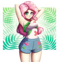 1girls 2022 adorable armpit_crease armpit_fetish armpit_peek armpits arms_behind_head arms_up breasts clothed emerald_eyes equestria_girls fluttershy_(mlp) green_eyes light-skinned_female long_hair looking_at_viewer my_little_pony pink_hair presenting_armpit presenting_armpits shorts simple_background smile smiling smiling_at_viewer solo solo_female solo_focus straight_hair the-park tight_clothing