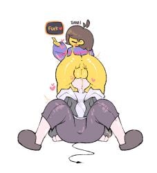 1boy 1male 2d anus big_ass big_balls big_butt brown_hair cartoony closed_eyes clothed clothing cum cum_in_mouth cute_face cute_male dani_(danielito) danielito demon_boy demon_tail frisk futa_on_male futanari gameplay_mechanics male_only non-human oral oral_penetration oral_sex sex simple_background simple_coloring smaller_male sword_swallowing_position toony undertale undertale_(series) yellow_body yellow_skin