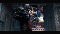 1boy 1girls 3d anal anal_sex areolae balls big_breasts big_penis bigger_male biohazard breasts brown_hair capcom exposed_breasts huge_cock jill_valentine jill_valentine_(sasha_zotova) large_penis monster monster_cock nemesis_(resident_evil) nipples penis petite pussy resident_evil resident_evil_3 resident_evil_3_remake short_hair size_difference smaller_female topless torn_clothes tyrant winterssfm