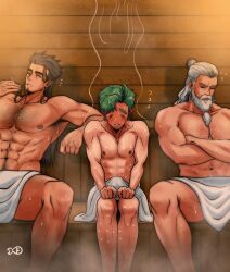 16personalities 3boys bara black_hair blush body_hair doodlefish75 embarrassed enfj enfp erection green_hair hiding_erection infj male/male/male male_only mbti muscular_male sauna sweat white_hair yaoi