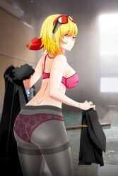 blonde_hair changing hololive hololive_indonesia hololive_indonesia_holoh3ro kaela_kovalskia lingerie looking_at_viewer looking_back maskawaih short_hair virtual_youtuber