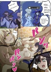 2girls breasts captured defeated diqshit faceless_male from_behind genshin_impact lumine_(genshin_impact) mona_(genshin_impact) multiple_boys naked rape sex translated vaginal_penetration