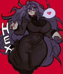 1girls big_breasts blush breasts dress female_focus goth goth_girl hex_maniac huge_breasts long_hair long_sleeves painted_nails pokemon pokemon_xy purple_eyes purple_hair red_background solo swirly_eyes thick_thighs wide_hips widisu