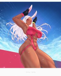 1girls abs armwear big_breasts breasts calad_g clothing female female_only hair huge_breasts long_hair miruko muscles muscular muscular_female my_hero_academia red_eyes rumi_usagiyama skimpy skimpy_clothes smile solo solo_female thick_thighs thighs white_hair