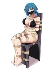 1girls azmiyudista big_breasts bikini blue_eyes bondage bound breasts breath byleth_(fire_emblem) byleth_(fire_emblem)_(female) byleth_(summer)_(fire_emblem)_(female) chair femsub fire_emblem fire_emblem:_three_houses fire_emblem_heroes gag looking_at_viewer medium_hair nintendo restrained sitting solo steam sweat teal_hair tied tied_to_chair tied_up white_background zuyuzuyu6