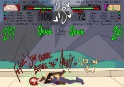 ! !? big_breasts breasts clothed_sex damage_numbers drool drool_in_mouth drooling eating eating_pussy first_porn_of_character gameplay_mechanics hand_on_floor health_bar hearts iomanalack lesbian lesbian_sex marissa_(npc5554) npc5554 open_mouth sexfight trial_of_jure vs yuri zeya_(npc5554)