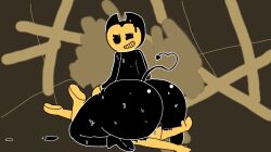 2018 anon ass bendy bendy_and_the_ink_machine bendy_the_dancing_demon big_ass big_butt black_body cartoony demon demon_horns demon_tail devil devil_horns devil_tail faceless_character facesitting femboy heart_shaped_tail horns kicking looking_away looking_back male male_only naked simple_background sitting sitting_on_person sketchyhere squirming sweat sweating sweaty_butt tail unwilling